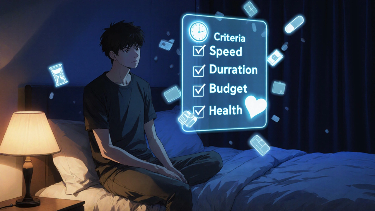 A man sits on a bed at night, looking at a floating checklist while translucent pill images hover around him.