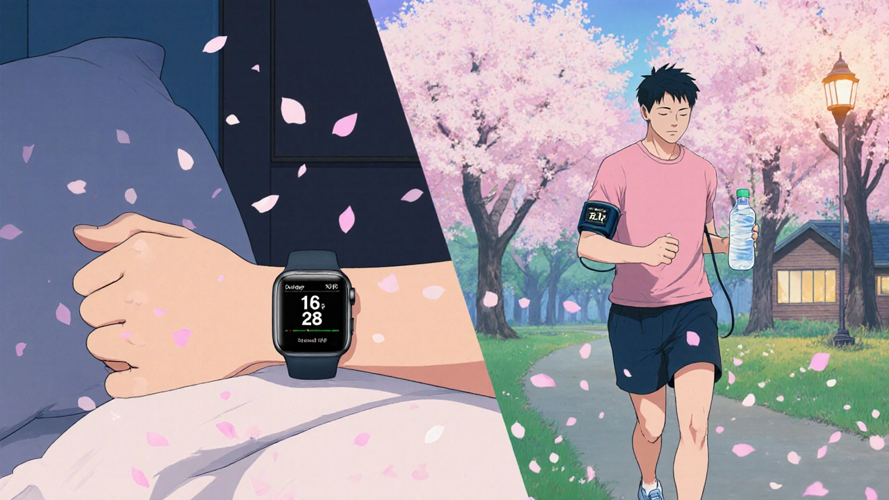 Adult walking in park holding water bottle, smartwatch showing stable BP, cherry blossoms surrounding.