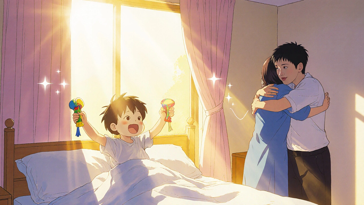 Child celebrates a dry night with a toy and a hug from the parent.