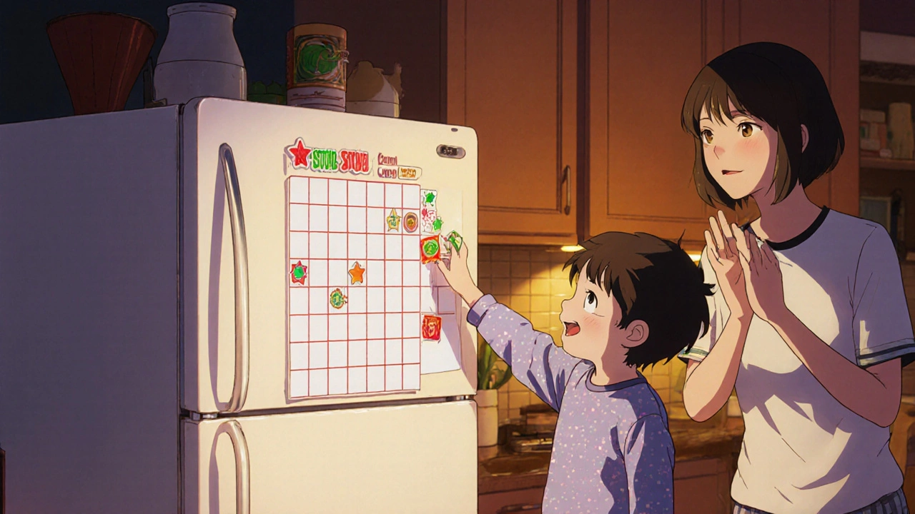 Child places a sticker on a reward chart on the fridge, parent applauds.