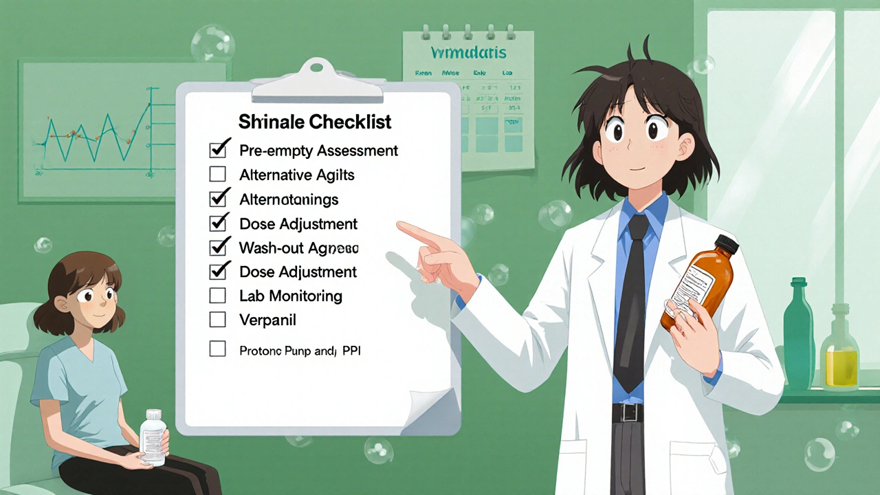 Clinician points to a floating checklist with patient holding verapamil and PPI tablets.