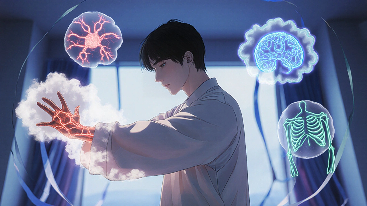 Close-up of Tai Chi Cloud Hands with glowing diagrams of circulation, nerves, and muscles.