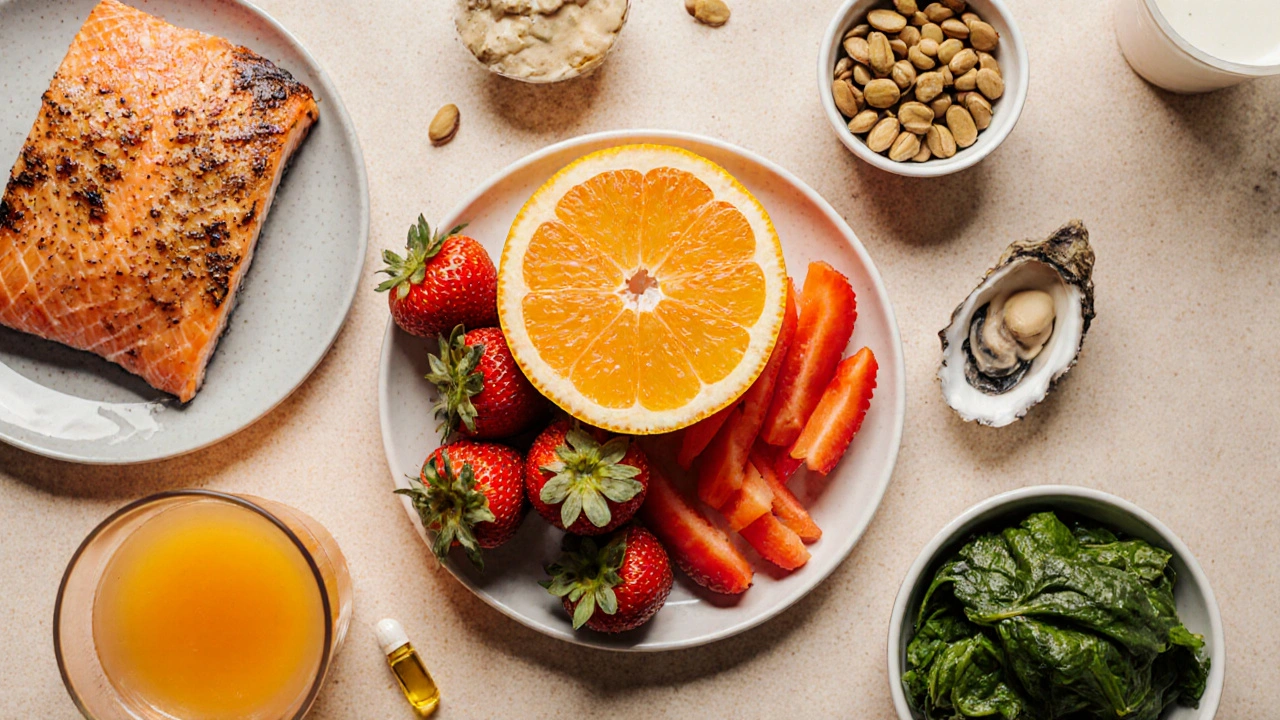 Colorful overhead spread of citrus, strawberries, salmon, oysters, spinach, and supplements.