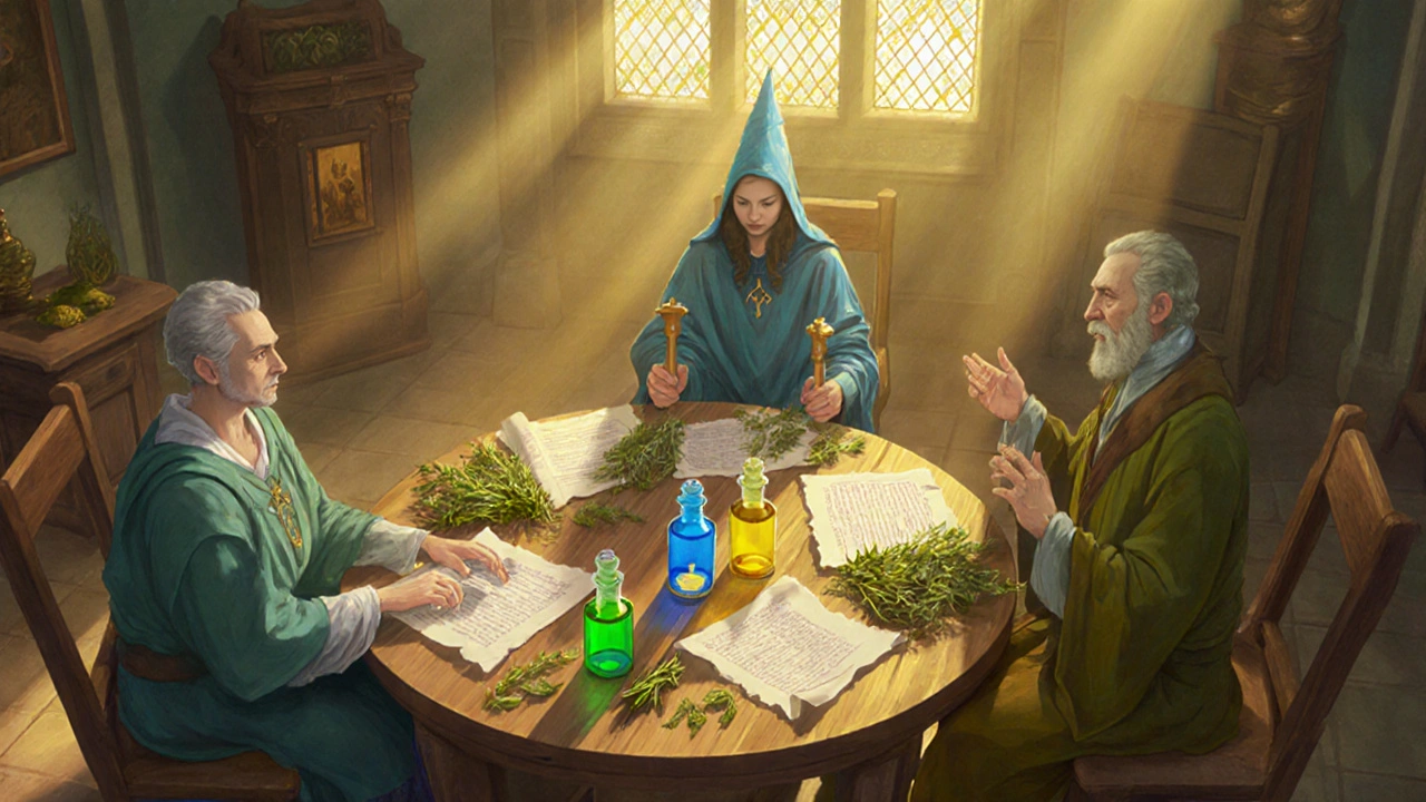 Council of healer, wizard, and mage discussing three different medication bottles.