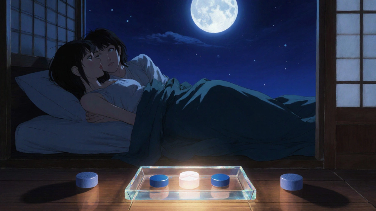 Couple relaxing on a futon with a glowing Valif tablet on a tray beside faint pill silhouettes.