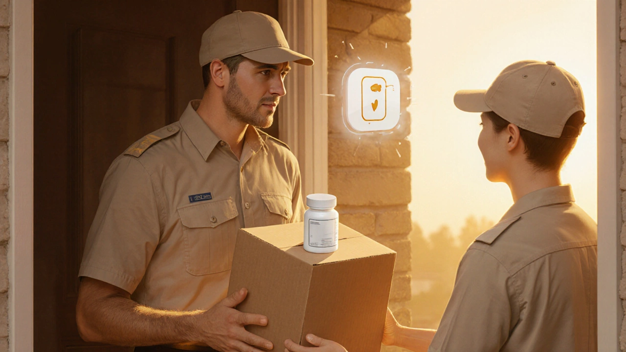 Courier delivering a sealed box containing a white pill bottle to a home doorstep.