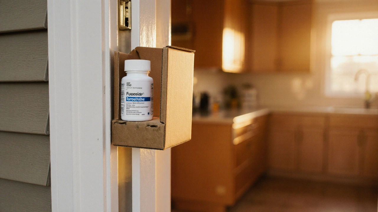 Delivery box on a porch showing a white generic Lasix bottle on a sunlit kitchen counter.