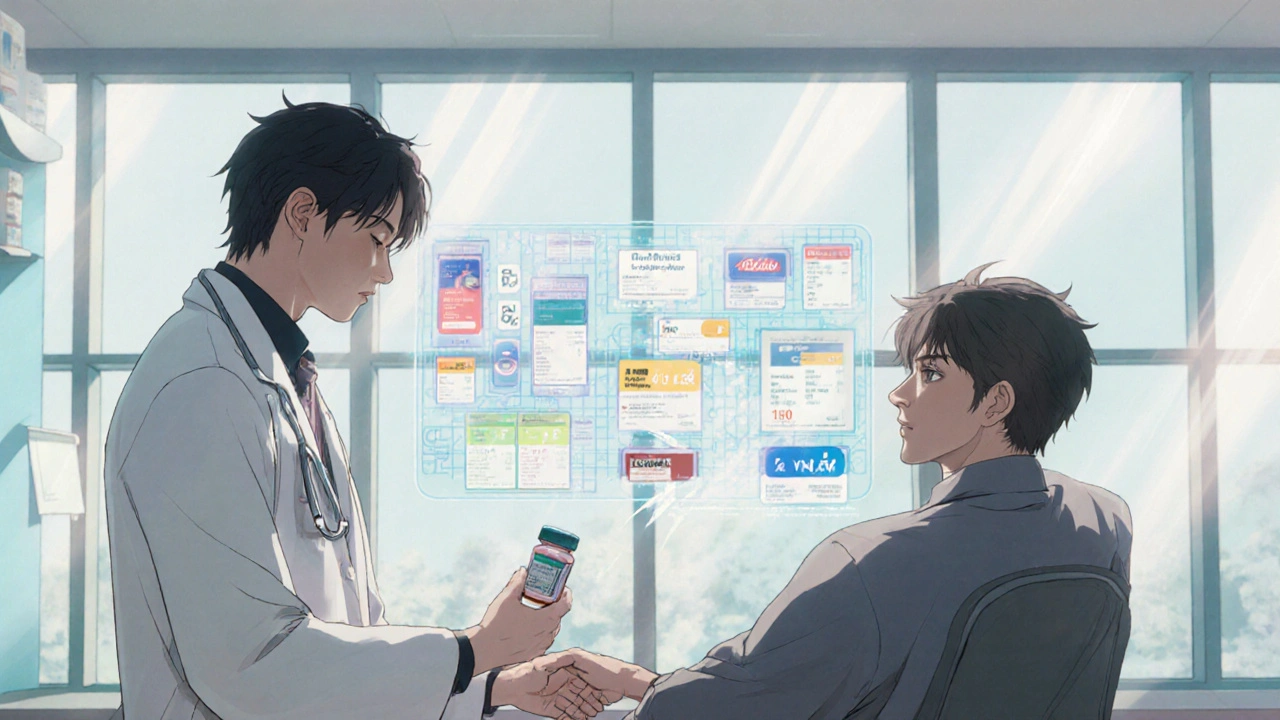 Doctor handing a medication bottle to a patient with a faint floating comparison chart behind them.