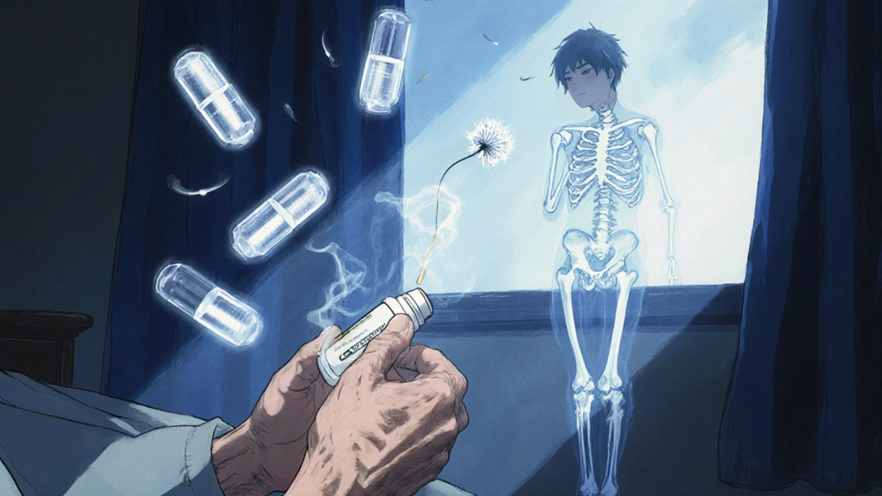 Elderly hand applying topical gel as ghostly pills dissolve, symbolizing safer pain management.