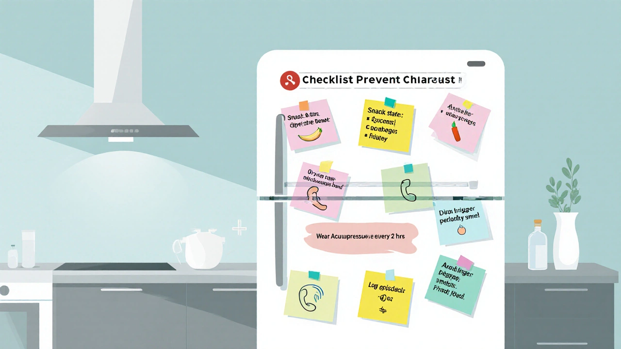 Flat illustration of a fridge checklist for morning sickness prevention.