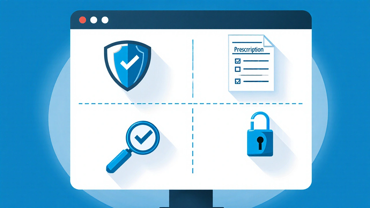 Flat illustration of a safety checklist with shield, prescription pad, padlock, and magnifying glass.