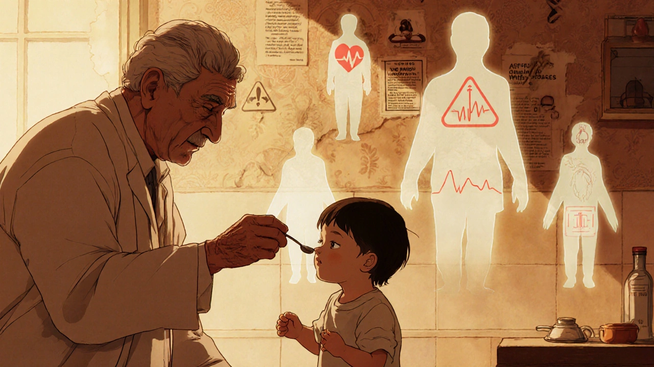 Grandparent doses child with a kitchen spoon as ghostly medical warnings hover around them.