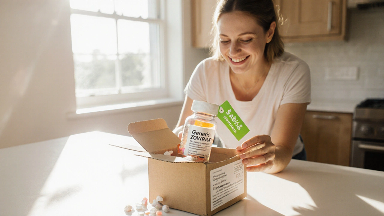 Happy adult opening a box with generic Zovirax bottle and savings tag.