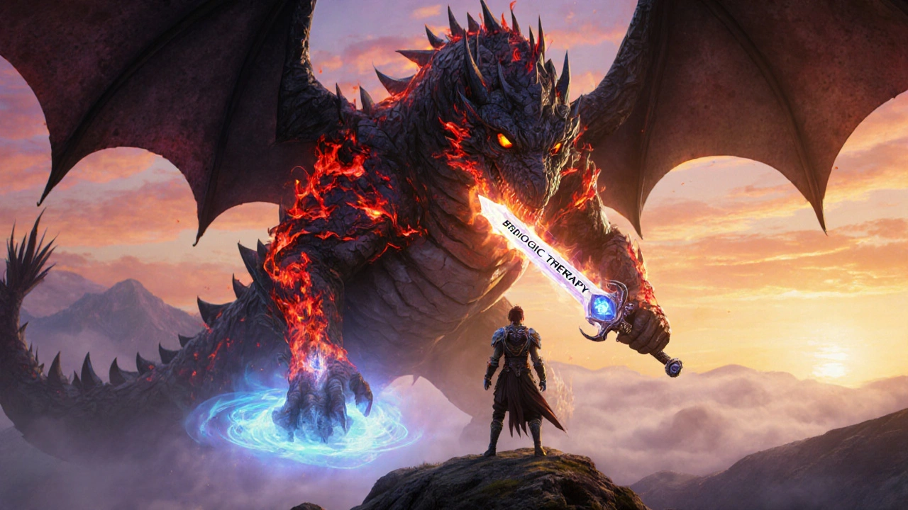 Hero battles a fiery itch dragon with a biotic sword and UV light at sunrise.