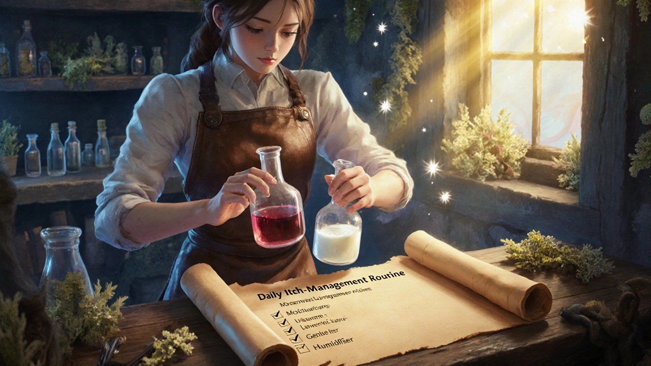 Hero mixes magical moisturizer and steroid potions in an alchemy workshop.