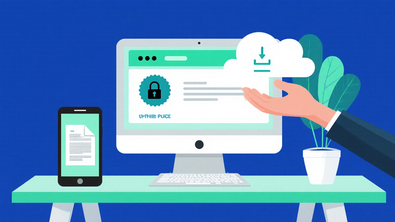 Laptop showing a verification badge and padlock, hand uploading a document on a desk.
