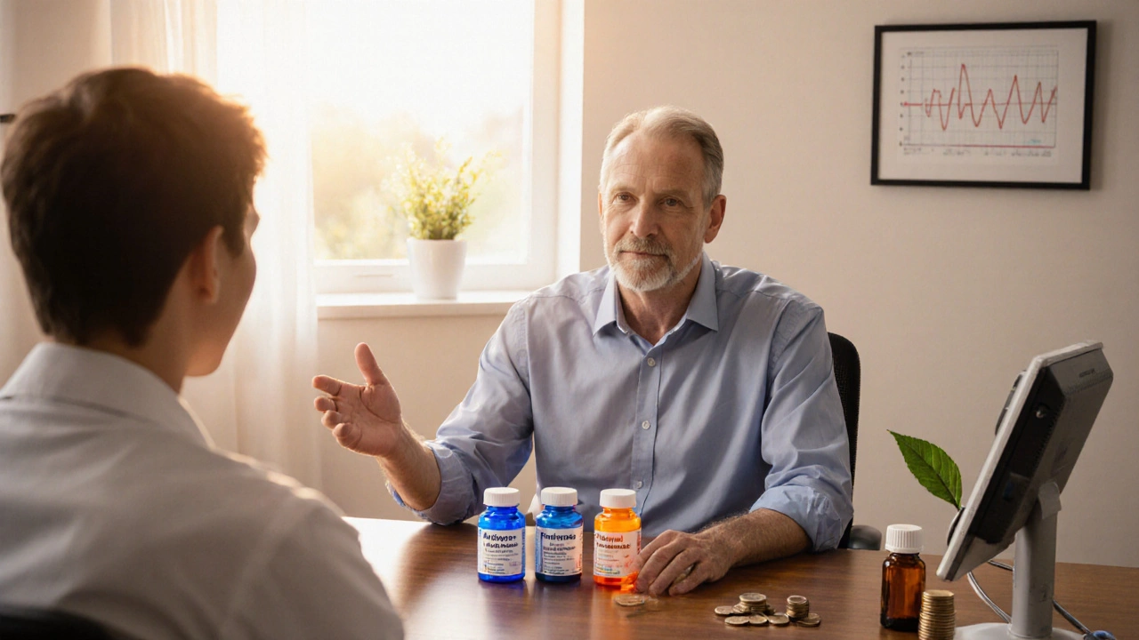 Man consulting doctor with three medication bottles on desk, sunlight creating hopeful mood.