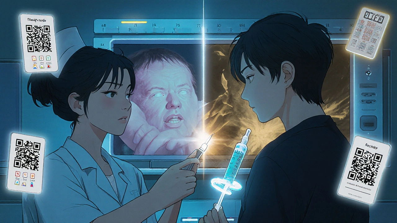 Nurse teaches parent to measure medication using a glowing syringe with floating digital dosing charts.