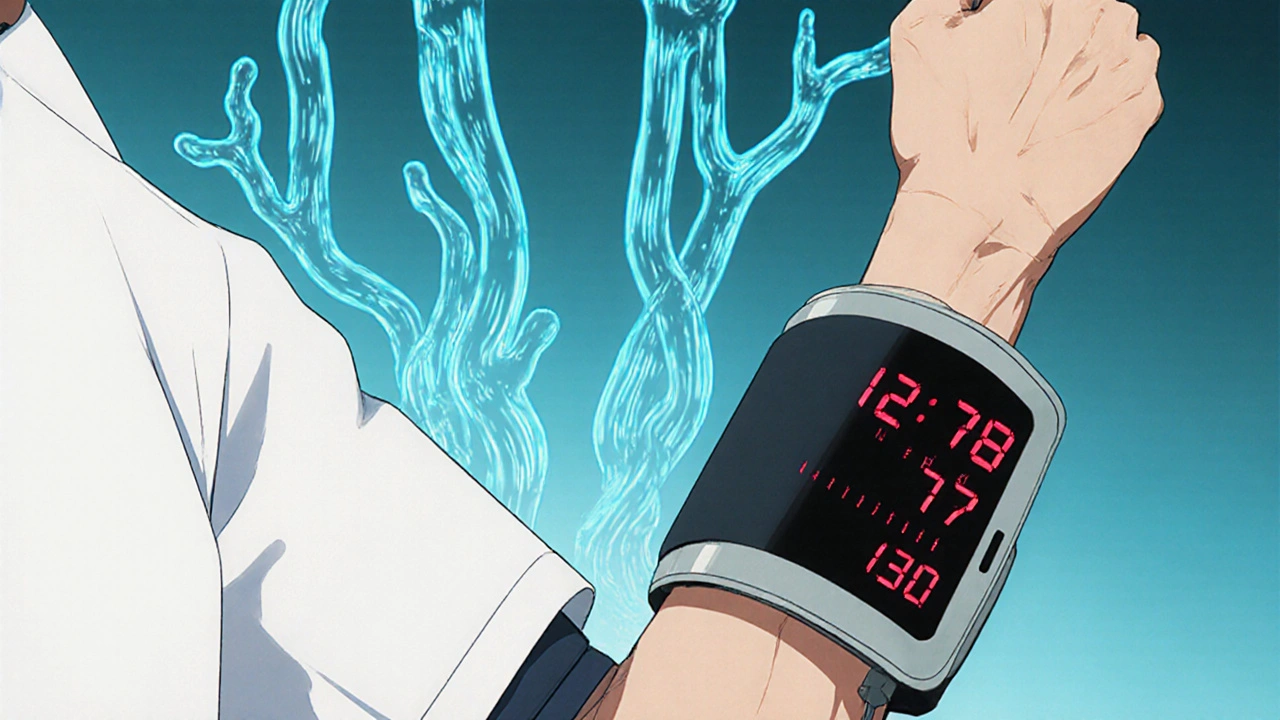 Patient measuring blood pressure with numbers slightly rising, arterial walls visualized subtly.