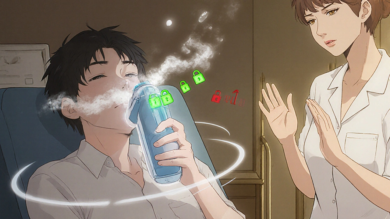 Patient using a nebulizer before chest physiotherapy, with visualized drug action on receptors.