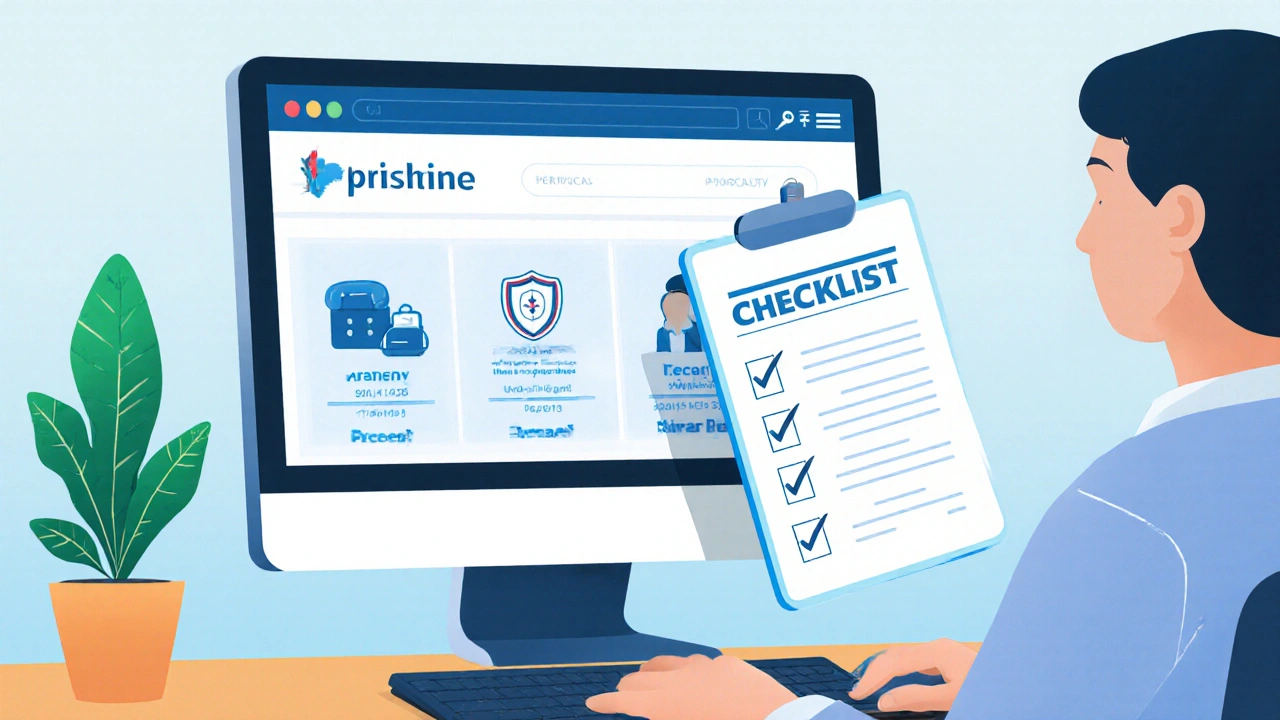 Person checking online pharmacy safety icons and checklist on a monitor.