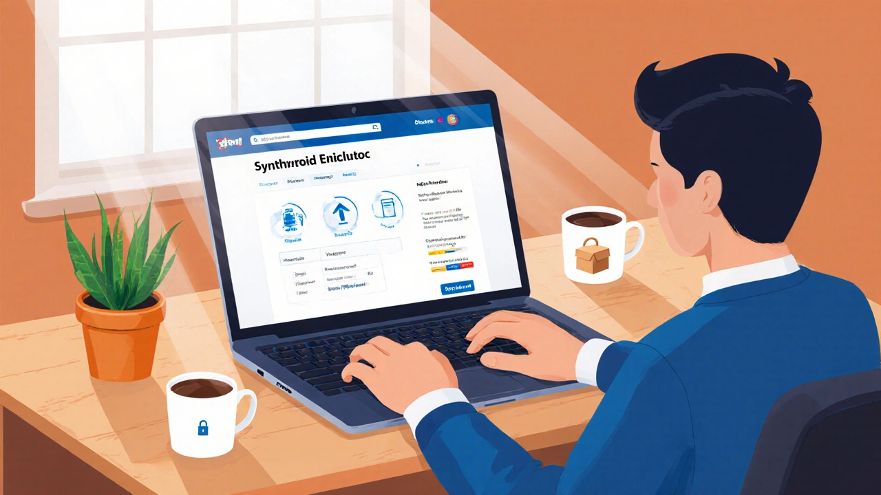 Person ordering generic Synthroid online, shown with laptop and secure checkout icons.