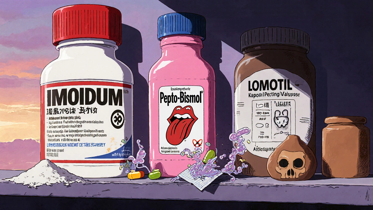 Pharmacy counter with Imodium, Pepto‑Bismol, prescription bottle, probiotics, and powders displayed.