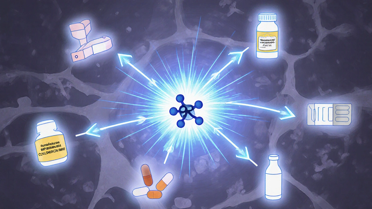 Rifampin molecule at center with glowing arrows to various medication icons showing interactions.