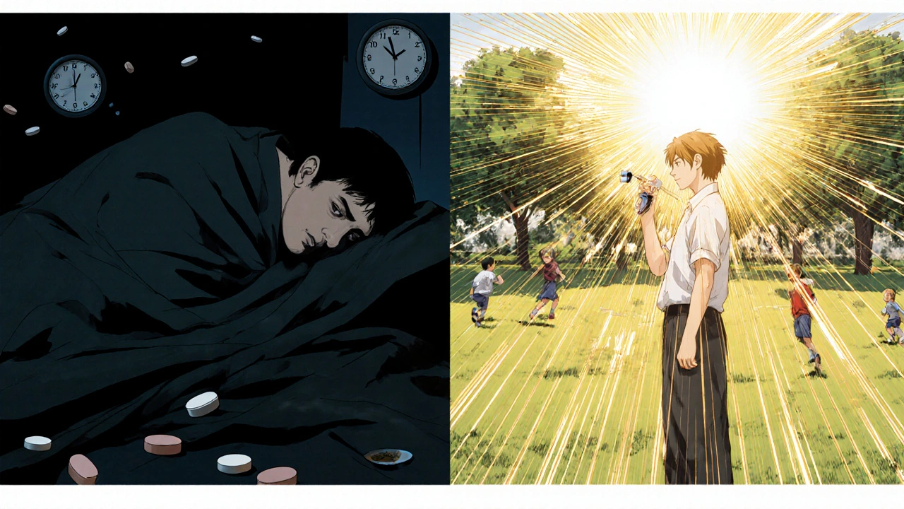 Split scene: man in darkness with pills vs. same man in sunlight after injection, anime style.