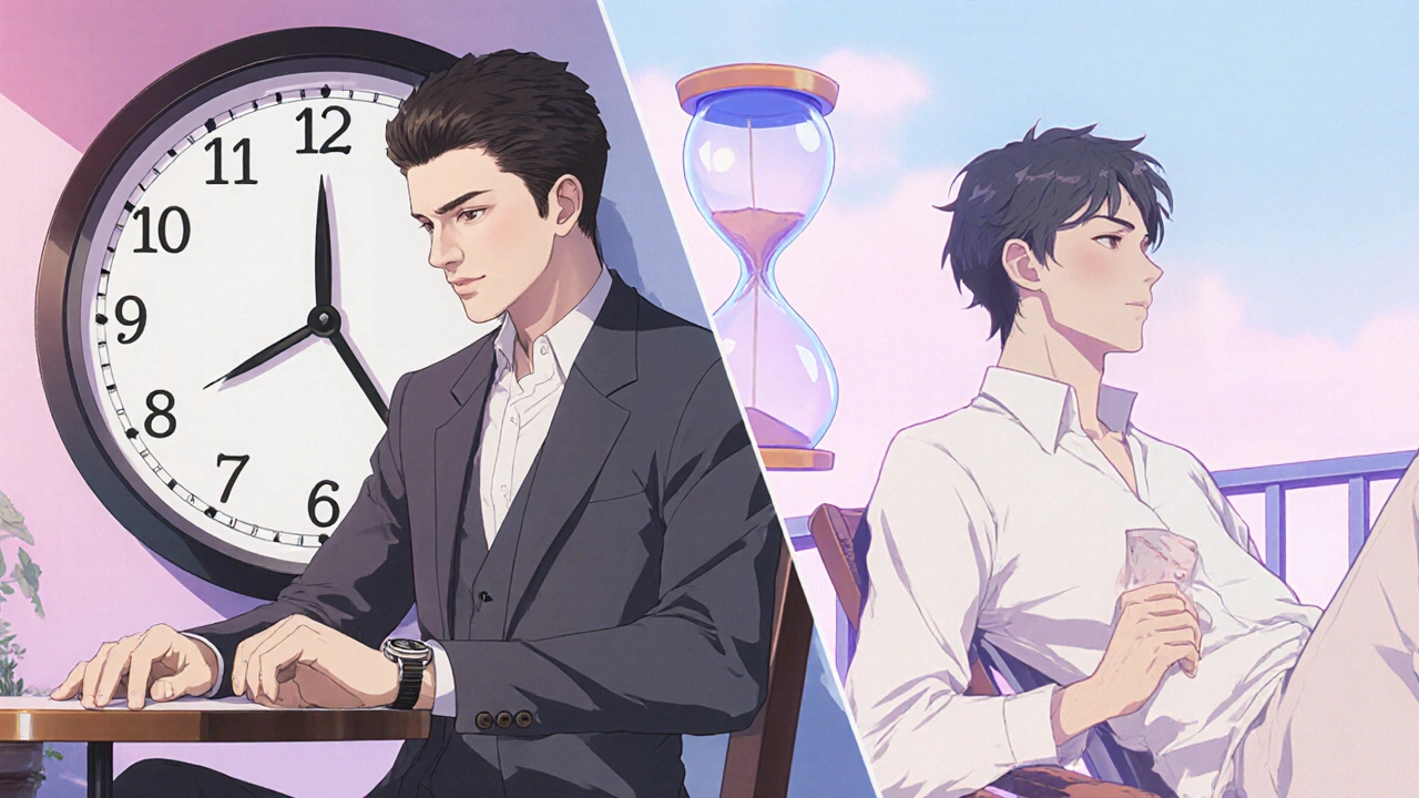 Split scene showing one man with a fast‑moving clock and another with a slow hourglass.