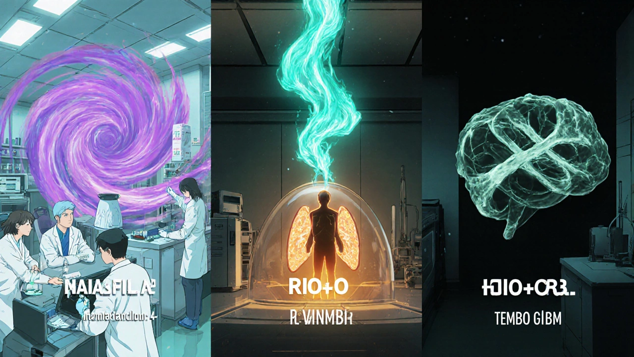 Split‑screen showing ribociclib combos with pembrolizumab, osimertinib, and temozolomide treating breast, lung, and brain cancers.