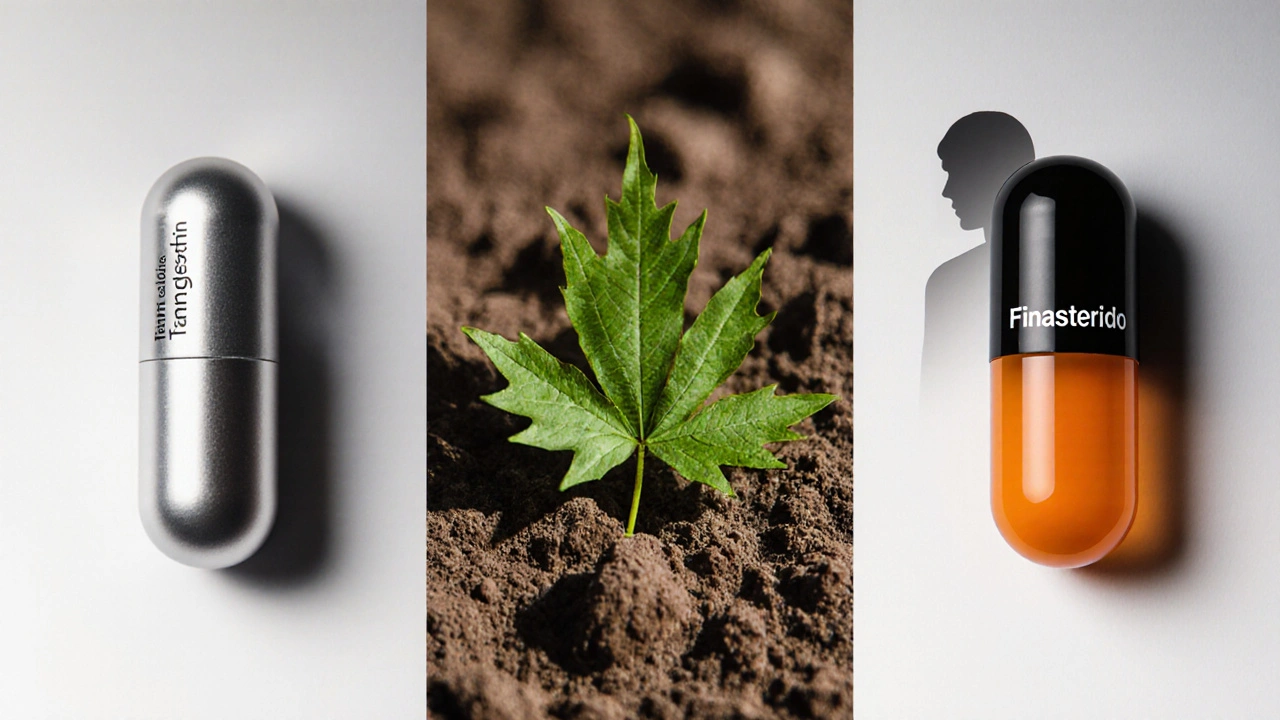 Split view of three pills representing fast relief, natural remedy, and prostate‑shrinking drug.