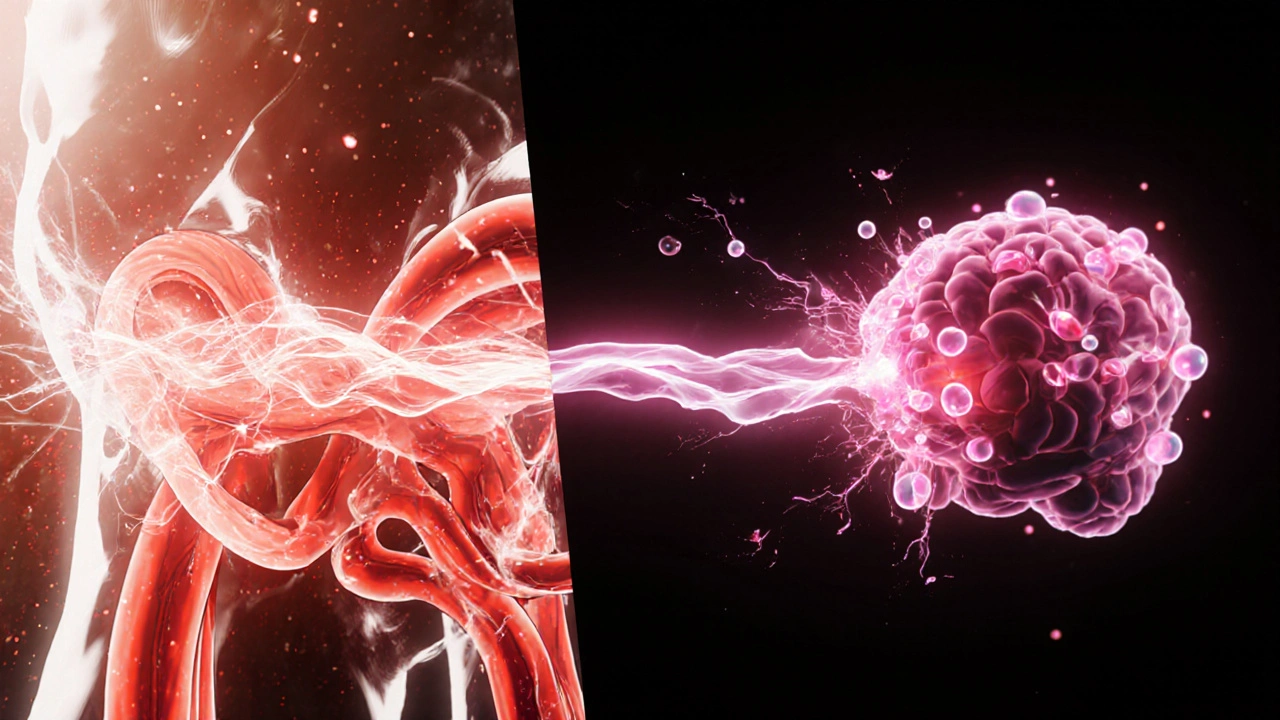 Split view showing artery dilation on one side and brain serotonin release on the other.