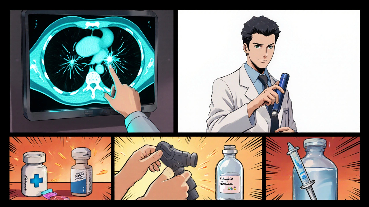 Storyboard of a doctor, inhaler use, and daily management tasks for bronchiectasis.
