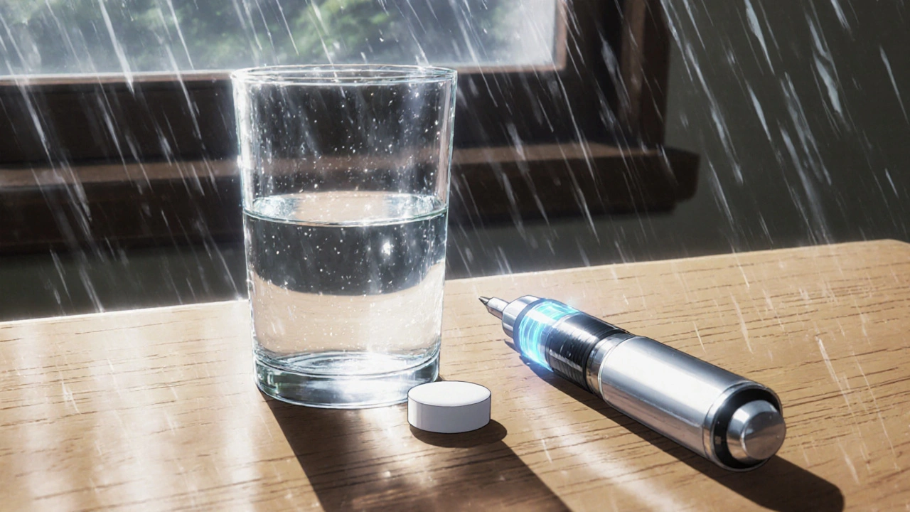 Sumatriptan tablet and auto-injector side by side on a table with rain-streaked window in background.