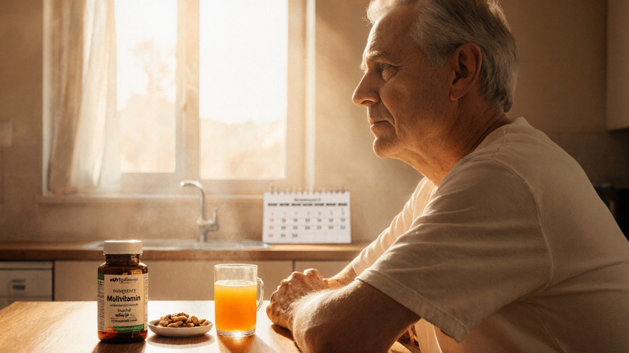 Sunlit kitchen breakfast scene showing a person taking daily vitamins and supplements.