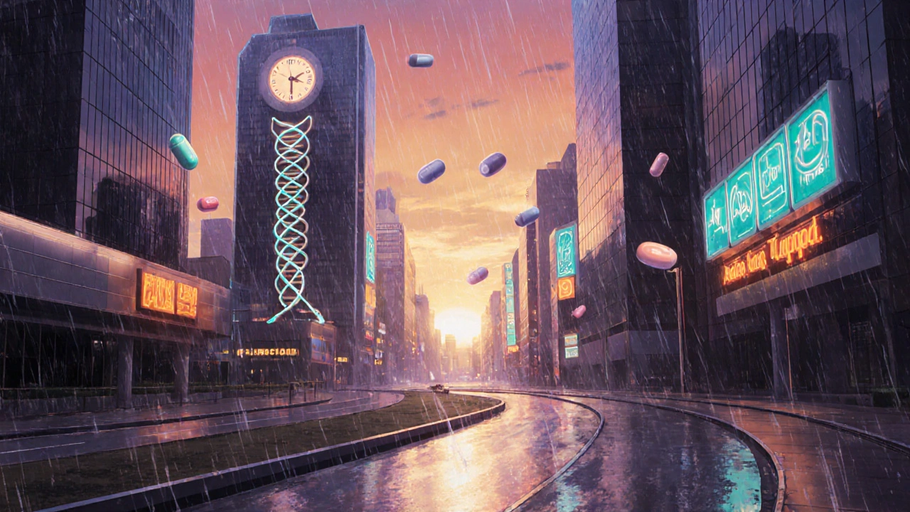 Surreal cityscape depicting ribociclib's market future with clocks, patent symbols, and cancer icons under a dusk sky.