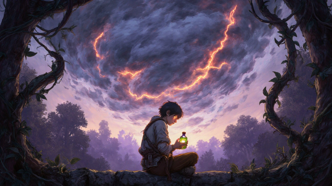Teenage adventurer clutching a potion, surrounded by stormy thought clouds.