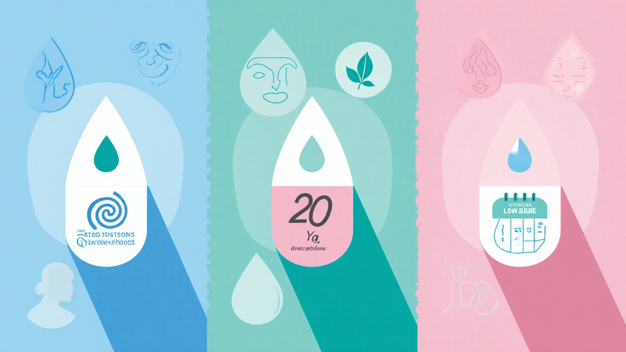 Three panels showing stylized pills with icons for estrogen dose, progestin type, and cycle length.