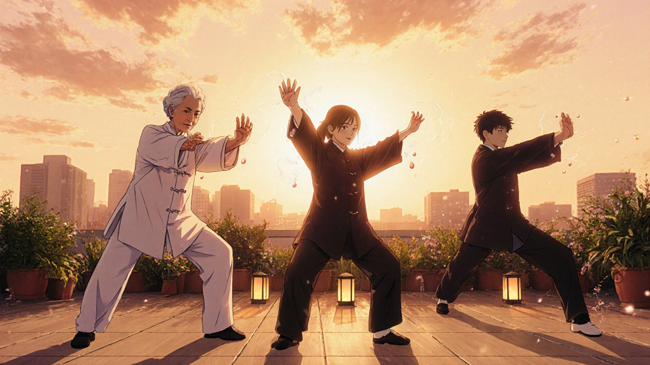 Three people of different ages practicing a Tai Chi routine on a rooftop at sunset.