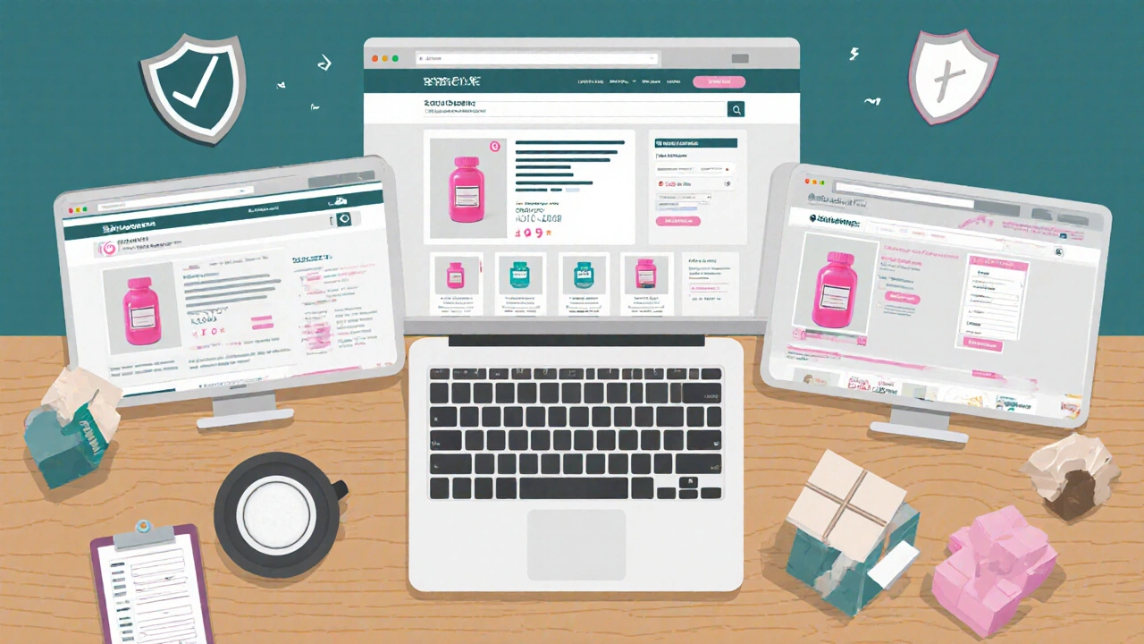 Top‑down view of a laptop with multiple pharmacy webpages and price comparison graphics.