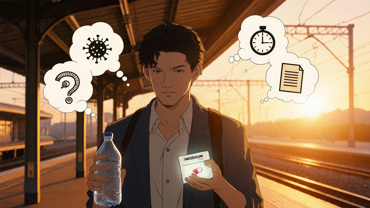 Traveler on platform holding water bottle and medicine pouch, with decision icons in thought bubbles.