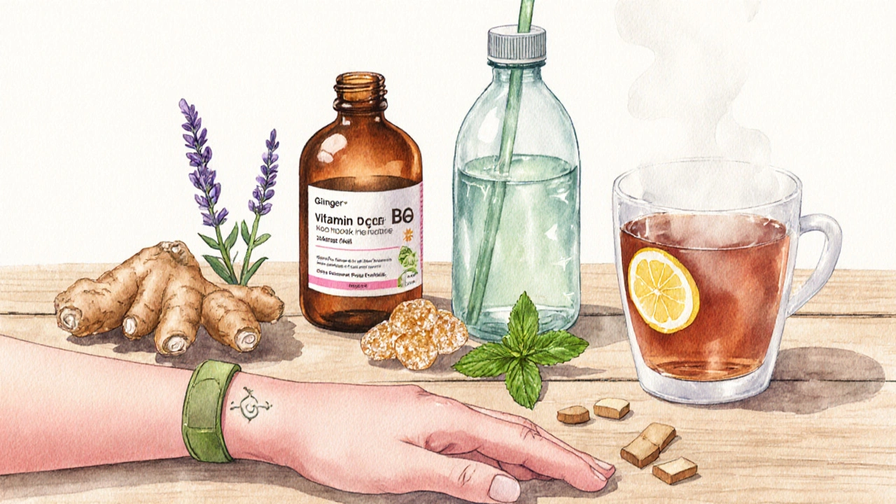 Watercolor of ginger, vitamin B6 pills, electrolyte drink, wrist band, and lavender.