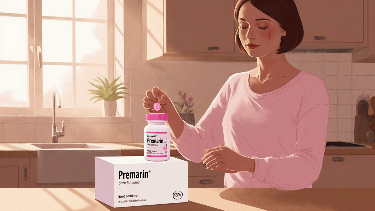 Woman checking a received box of generic Premarin tablets on a kitchen counter.