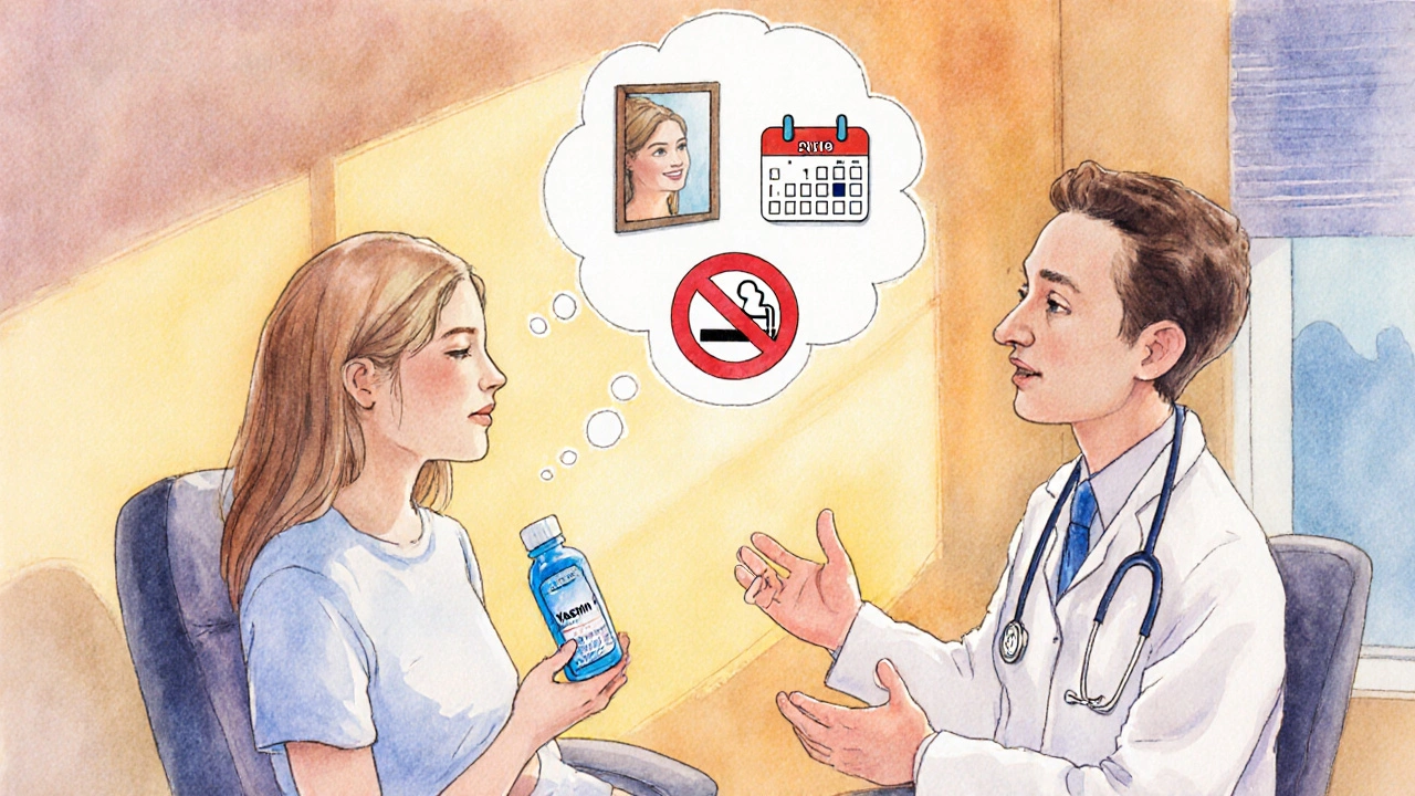 Woman consulting doctor, holding Yasmin bottle, with thought bubbles of clear skin, fewer periods, and no smoking.