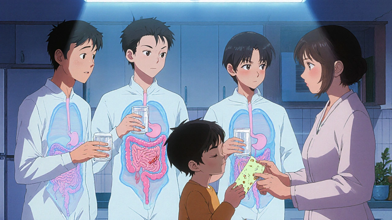 A family in a kitchen, transparent bodies revealing internal parasites during a tape test.