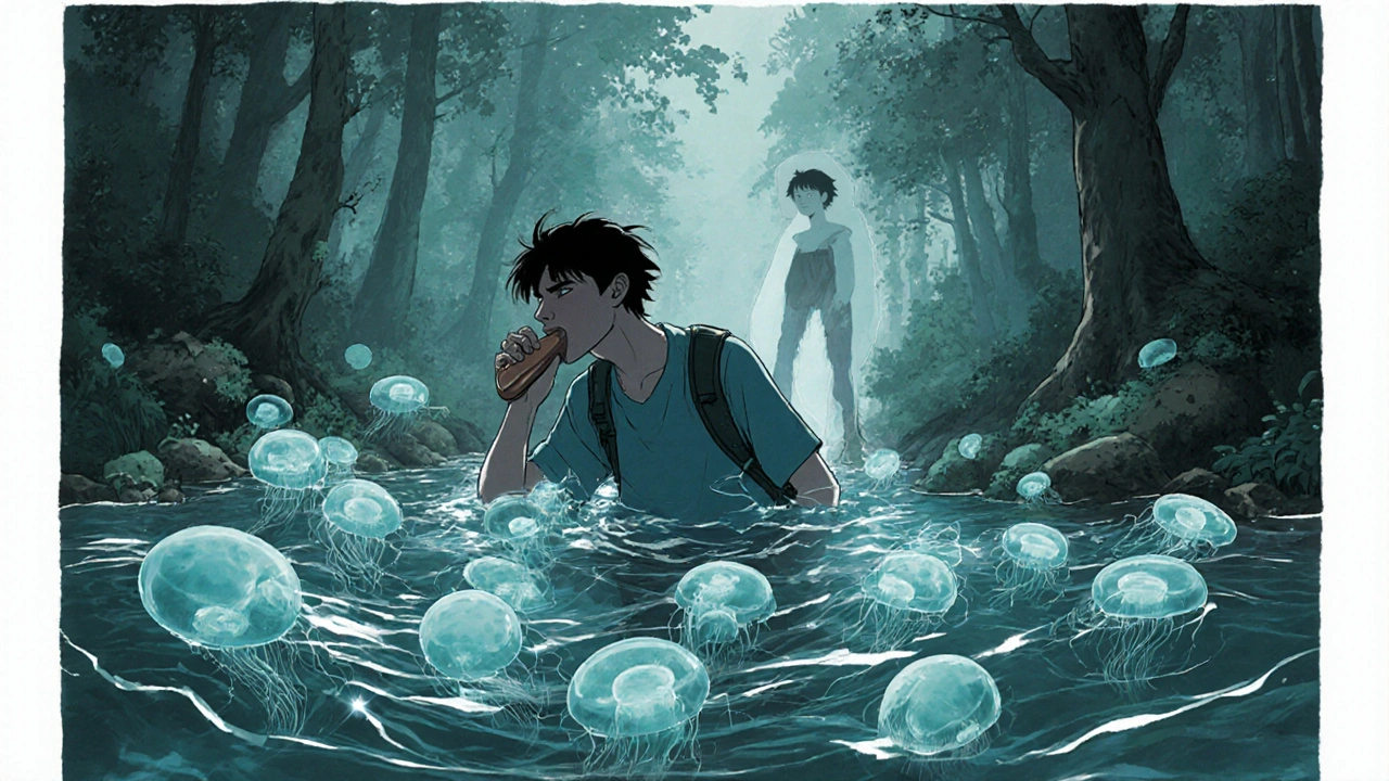 A hiker drinks from a stream, microscopic Giardia cysts swirling in the water.