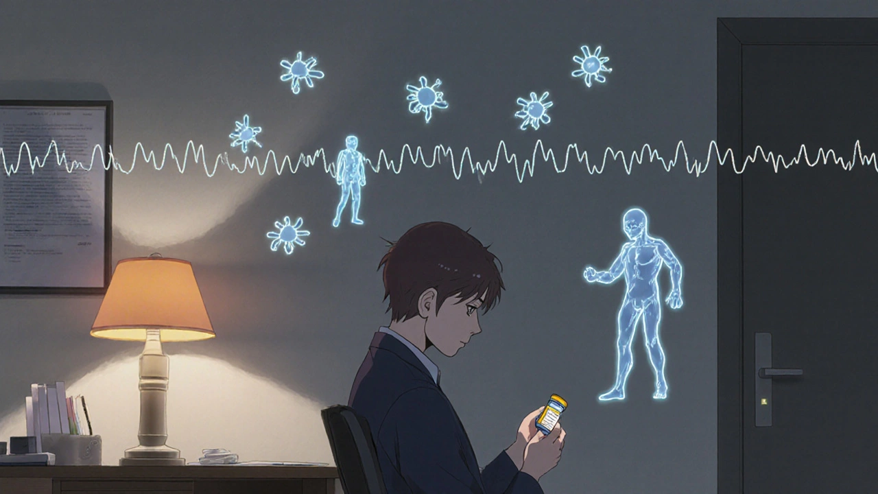 A patient holding medication as neurotransmitter molecules calm screaming nerve signals in a quiet doctor&#039;s office.