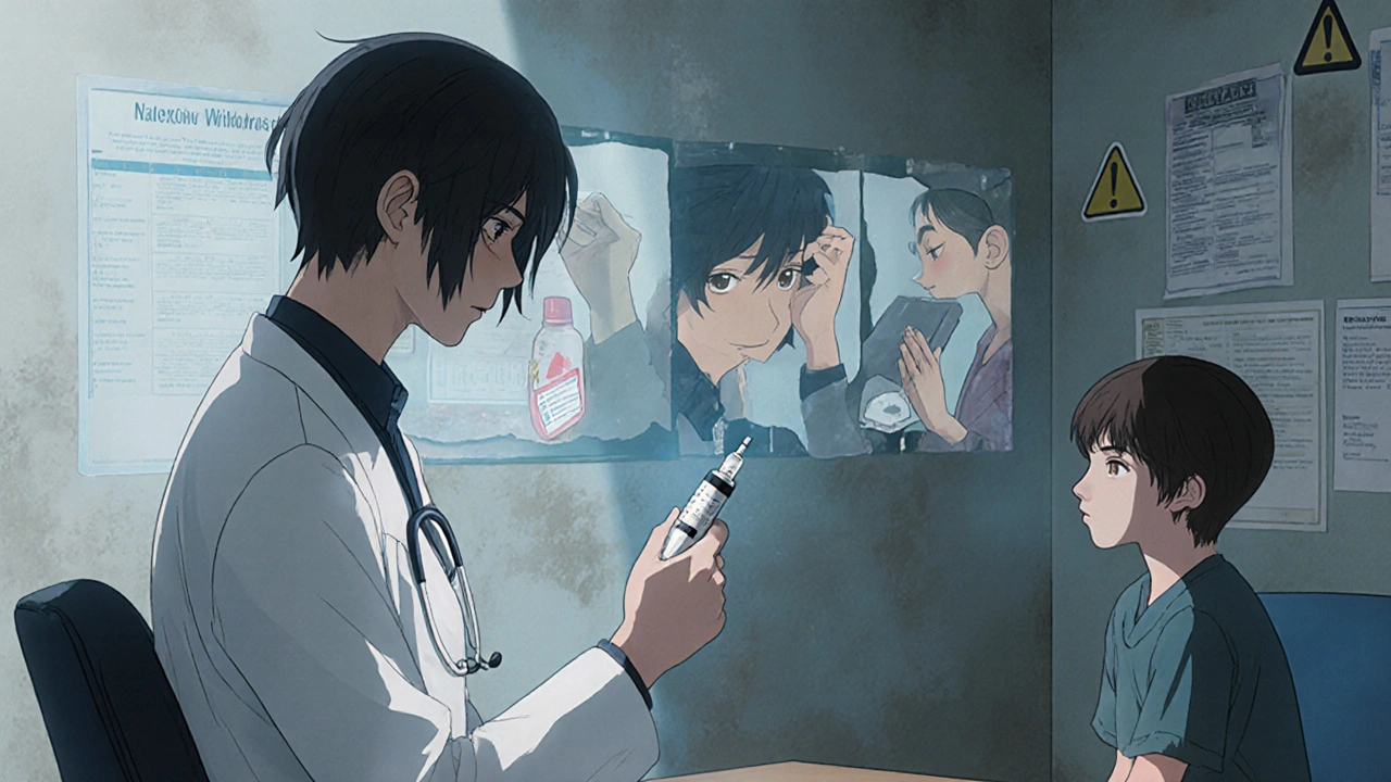 A patient holds naloxone as a surreal timeline shows patch use, withdrawal, and child exposure behind them.