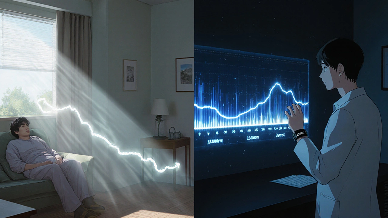 A patient on a couch with fading step count trails, while a doctor views a hologram of nighttime tremors detected by a fitness tracker.